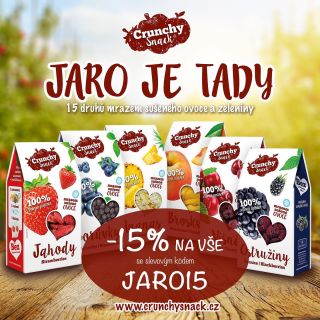 Celý víkend si můžete užívat 15% slevu na celý sortiment Crunchy Snack. 15 druhů mrazem sušeného ovoce a zeleniny. Ovoce...