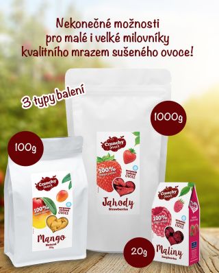 Křupavé, sladké a 100% přírodní! Naše mrazem sušené ovoce nabízíme ve třech velikostech balení – od 20 g až po 1 kg. Ať už...